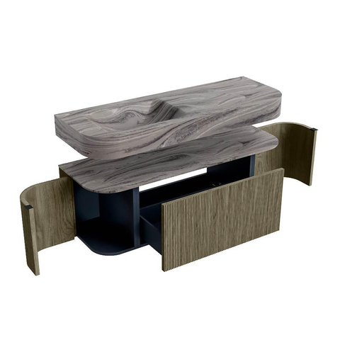 MONDIAZ THOR-DLUX Meuble de salle de bains 130cm arrondi gauche + droite couleur Shadow avec 1 tiroir et 2 portes. Vasque suspendue CLOUD Gauche sans trou de robinet couleur Sombra. SW1463878