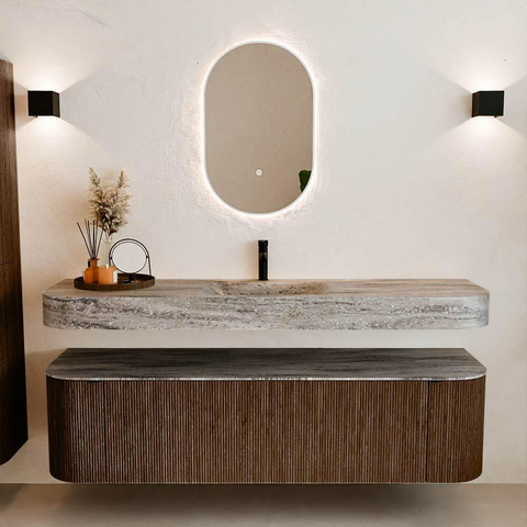 MONDIAZ THOR-DLUX 170cm badmeubel ronding links + rechts kleur Walnut met 1 lade en 2 deuren. Vrijhangende wastafel CLOUD Midden 1 kraangat kleur Oza. SW1465680