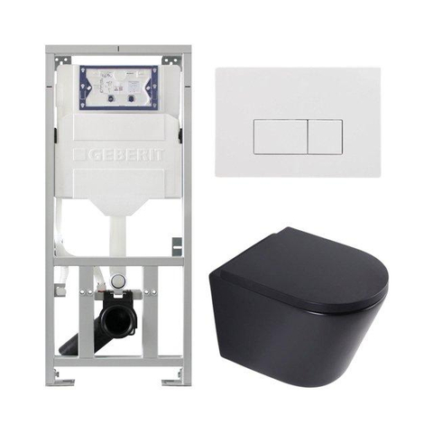 QeramiQ Dely Toiletset - 36.3x51.7cm - diepspoel - rimless - Geberit UP320 inbouwreservoir - softclose toilet zitting - 35mm - glans witte bedieningsplaat - rechthoekige knoppen - mat zwart SW1235419