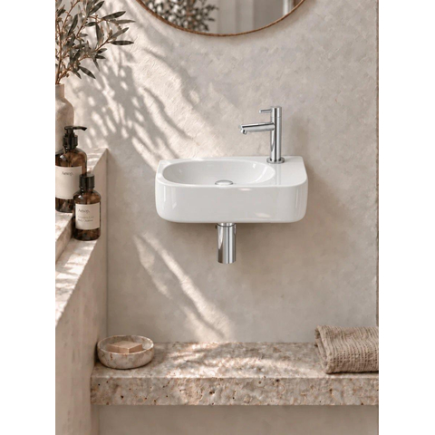 QeramiQ Fuente fonteinset – halfrond – 40x21.5x12 cm – keramiek wit glans – kraangat rechts – chromen kraan SW1232783