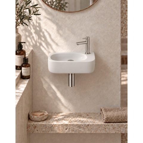 QeramiQ Fuente pack lave-mains – 40 x 21,5 x 12 cm – céramique blanc mat – perçage à droite – robinet inox brossé SW1232812