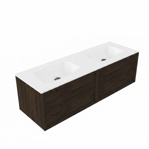Saniclass Holz Frame Badkamermeubelset - 140x45x41.5cm - Flow solid surface wastafel wit - 2 wasbakken - zonder kraangaten - 2 lades - mat eiken charcoal (hout) SW1478429