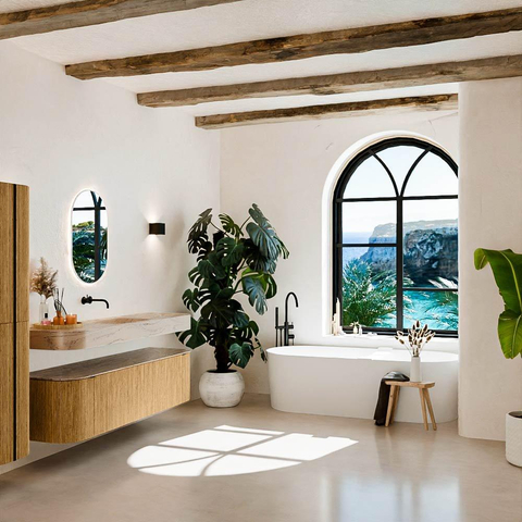 MONDIAZ THOR-DLUX 170cm badmeubel ronding links + rechts kleur Oak met 1 lade en 2 deuren. Vrijhangende wastafel CLOUD Midden zonder kraangat kleur Arena. SW1465790