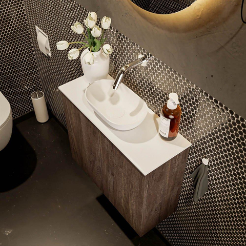 Mondiaz Fowy Meuble de toilette - 60x50x23cm - marron foncé mat - 0 trous de robinet - lavabo centré - 2 portes - solid surface - plan en mélamine - lavabo : blanc SW761358