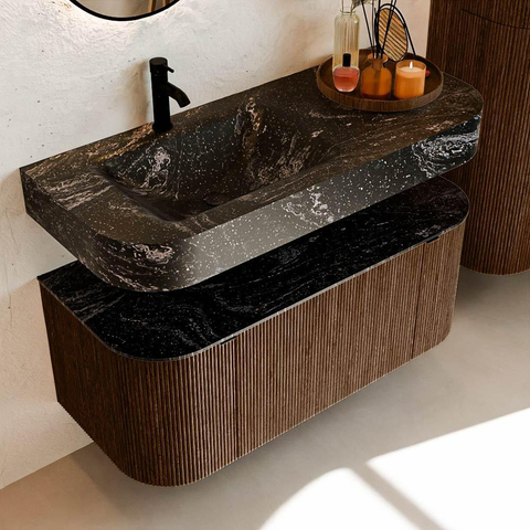 MONDIAZ THOR-DLUX 110cm badmeubel ronding links + rechts kleur Walnut met 1 lade en 2 deuren. Vrijhangende wastafel CLOUD Links 1 kraangat kleur Lava. SW1462779