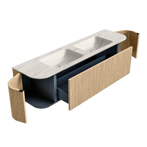 MONDIAZ KURVE-DLUX 170cm meuble de salle de bains arrondi Gauche + Droite couleur Oak avec 1 tiroir et 2 portes. Lavabo LEAF Double 2 trous de robinet Meli. SW1431629