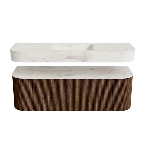 MONDIAZ THOR-DLUX 140cm badmeubel ronding links + rechts kleur Walnut met 1 lade en 2 deuren. Vrijhangende wastafel CLOUD Midden 1 kraangat kleur Ostra. SW1464094