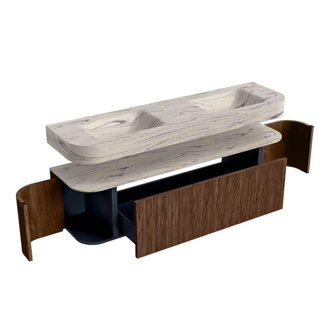 MONDIAZ THOR-DLUX 170cm meuble de salle de bains arrondi gauche + droite couleur Walnut avec 1 tiroir et 2 portes. Vasque suspendue CLOUD Double sans trou de robinet couleur Nata. SW1465782