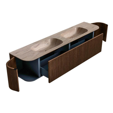 MONDIAZ KURVE-DLUX Meuble de salle de bains 200cm arrondi Gauche + Droite couleur Walnut avec 2 tiroirs et 2 portes. Lavabo STOR SMALL Double sans trou de robinet Saba. SW1434047