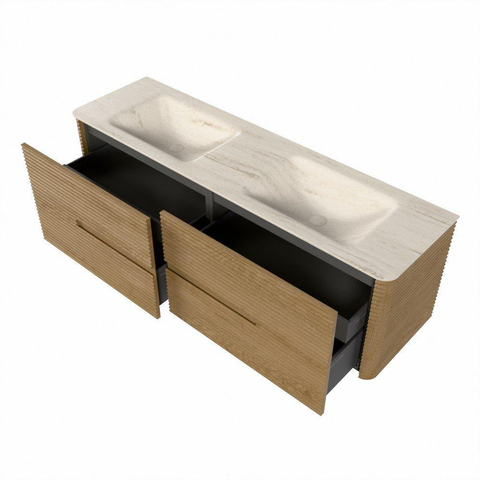 Mondiaz CIRO-DLUX Badkamermeubelset - 160x45x50cm - Solid surface wastafel Meli - 2 wasbak Dubbel - 2 kraangaten - 4 lades - Oak SW1531410