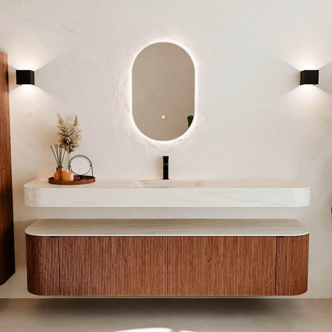 MONDIAZ THOR-DLUX Meuble de salle de bains - 190cm - arrondi gauche + droite - couleur Ruby - 2 tiroirs - 2 portes - Vasque suspendue CLOUD Milieu 1 trou de robinet - couleur Meli SW1466743