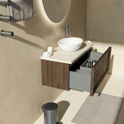 Saniclass Holz Frame Badkamermeubelset - 100x45x43cm - Travertine natuurstenen topblad - 1 kraangat - 1 lade - mat eiken charcoal (hout) SW1478862