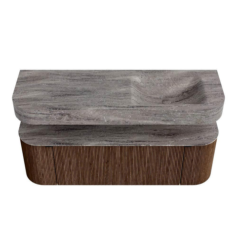 MONDIAZ THOR-DLUX 140cm meuble de salle de bains arrondi gauche + droite couleur Walnut avec 1 tiroir et 2 portes. Vasque suspendue CLOUD Droite sans trou de robinet couleur Oza. SW1464268