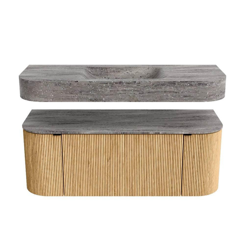 MONDIAZ THOR-DLUX 120cm badmeubel ronding links + rechts kleur Oak met 1 lade en 2 deuren. Vrijhangende wastafel CLOUD Midden zonder kraangat kleur Oza. SW1463383