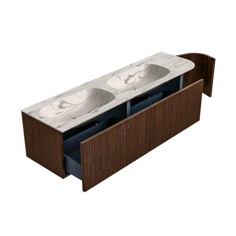 MONDIAZ KURVE-DLUX 165cm badmeubel ronding Rechts kleur Walnut met 2 lades en 1 deur. Wastafel STOR SMALL Dubbel / Links 2 kraangaten Nata. SW1432252