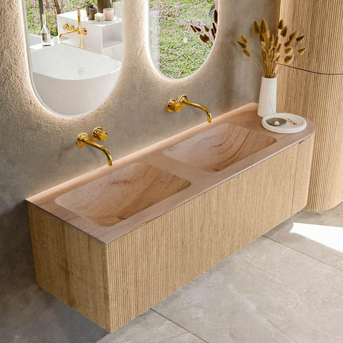 MONDIAZ KURVE-DLUX 145cm meuble de salle de bains arrondi Droite couleur Chêne avec 1 tiroir et 1 porte. Lavabo LEAF Double / Gauche sans trou de robinet Saba. SW1433101