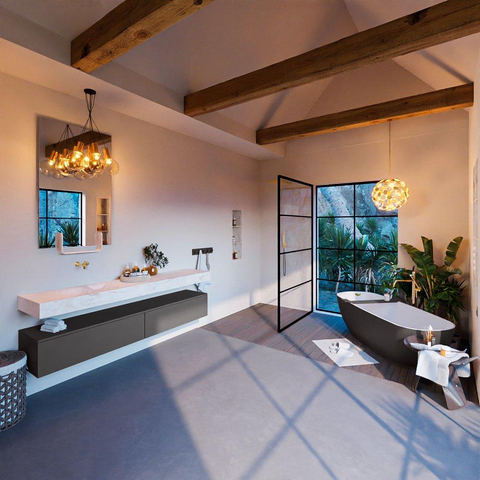 Mondiaz ALAN-DLUX Ensemble de meuble - 200cm - meuble Dark grey mat - 2 tiroirs - Lavabo Cloud Ostra suspendu - vasque Gauche - 0 trous de robinet SW807188