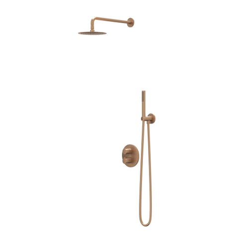 IVY Pact Ensemble de douche à effet pluie - encastré - inverseur d’arrêt 2 voies - bras de plafond 15 cm - douche de tête ronde medium 25 cm - barre de douche avec sortie - flexible de douche 150 cm - douchette bâton - cuivre brossé mat PVD SW1035023