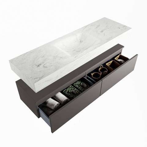 Mondiaz ALAN-DLUX Ensemble de meuble - 150cm - meuble Dark grey mat - 2 tiroirs - Lavabo Cloud Opalo suspendu - vasque Centre - 0 trous de robinet SW806438