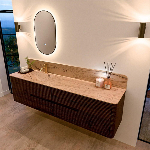 Mondiaz CIRO-DLUX Ensemble de meubles de salle de bains - 190x45x50cm - Plan-vasque solid surface Arena - 1 lavabo à gauche - 1 trou de robinet - 4 tiroirs - Noyer SW1530463