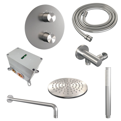 BRAUER Édition Brossée douche à l'italienne thermostatique encastrée - 3 voies - rond - ensemble 75 - douche principale de 20 cm - bras mural courbé - douchette à main - flexible de douche - coude mural - inox brossé PVD SW1159143