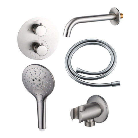Fortifura Calvi Badkraan set - uitloop - 22cm inkortbaar - rond bedieningspaneel - gladde slang - ronde handdouche - inbouwdeel - wandhouder - PVD - geborsteld RVS SW1408669