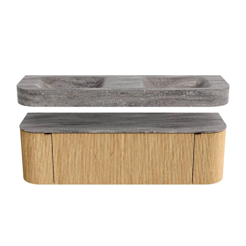 MONDIAZ THOR-DLUX 150cm meuble de salle de bains arrondi gauche + droite couleur Oak avec 1 tiroir et 2 portes. Vasque suspendue CLOUD Double 2 trous de robinet couleur Oza. SW1464864