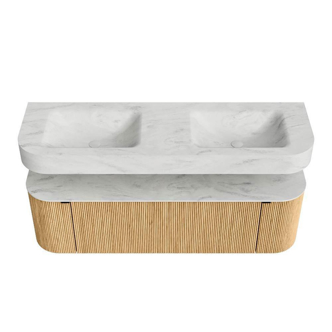 MONDIAZ THOR-DLUX 150cm badmeubel ronding links + rechts kleur Oak met 1 lade en 2 deuren. Vrijhangende wastafel CLOUD Dubbel 2 kraangaten kleur Opalo. SW1464636