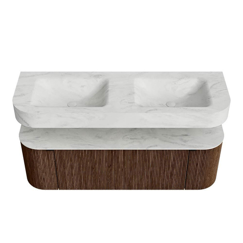 MONDIAZ THOR-DLUX 140cm meuble de salle de bains arrondi gauche + droite couleur Walnut avec 1 tiroir et 2 portes. Vasque suspendue CLOUD Double 2 trous de robinet couleur Opalo. SW1464168
