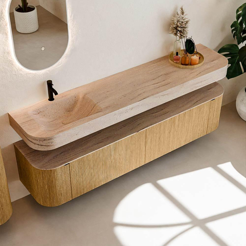 MONDIAZ THOR-DLUX 200cm meuble de salle de bains arrondi gauche + droite couleur Oak avec 2 tiroirs et 2 portes. Vasque suspendue CLOUD Gauche 1 trou de robinet couleur Saba. SW1467214