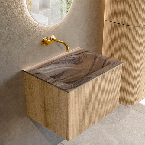 MONDIAZ KURVE-DLUX 60cm badmeubel kleur Oak met 1 lade en 0 deuren. Wastafel CLOUD Midden zonder kraangat Sombra. SW1433533