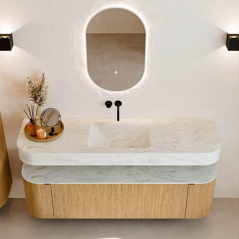 MONDIAZ THOR-DLUX 160cm badmeubel ronding links + rechts kleur Oak met 1 lade en 2 deuren. Vrijhangende wastafel CLOUD Midden zonder kraangat kleur Opalo. SW1464972