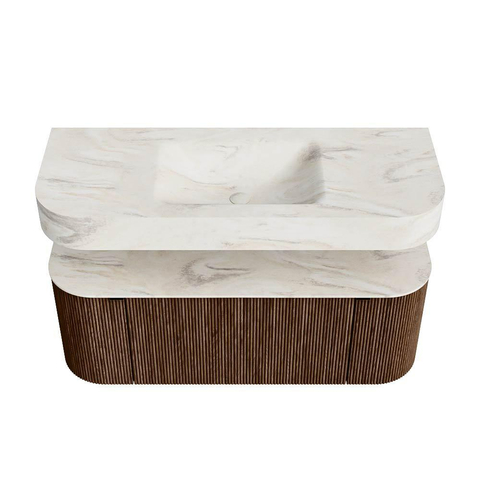 MONDIAZ THOR-DLUX 120cm badmeubel ronding links + rechts kleur Walnut met 1 lade en 2 deuren. Vrijhangende wastafel CLOUD Midden zonder kraangat kleur Ostra. SW1463217