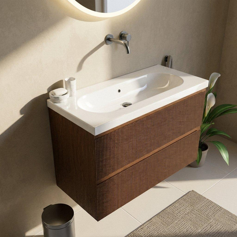 Saniclass Holz Atelier Ensemble de meubles de salle de bains - 100x45x63.5cm - lavabo en céramique Palermo blanc - 1 vasque - sans trou de robinetterie - 2 tiroirs - noyer pure mat (bois) SW1478606