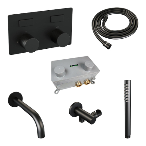 BRAUER Stripe Mitigeur thermostatique de baignoire - boutons-poussoirs - SET 03 - encastré - bec - douchette à main - flexible de douche - coude mural - noir mat SW1435127