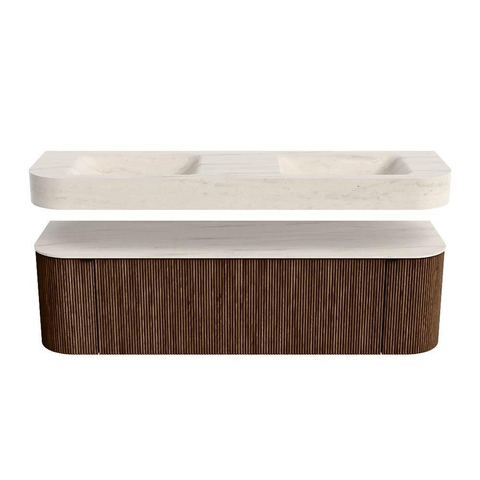 MONDIAZ THOR-DLUX 160cm meuble de salle de bains arrondi gauche + droite couleur Walnut avec 1 tiroir et 2 portes. Vasque suspendue CLOUD Double 2 trous de robinet couleur Meli. SW1465089