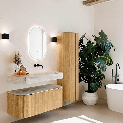 MONDIAZ THOR-DLUX 110cm badmeubel ronding links + rechts kleur Oak met 1 lade en 2 deuren. Vrijhangende wastafel CLOUD Rechts zonder kraangat kleur Frappe. SW1462729