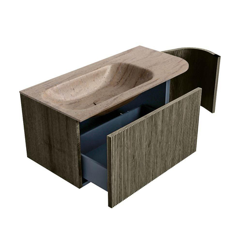 MONDIAZ KURVE-DLUX Meuble de salle de bains 95cm arrondi à droite couleur Shadow avec 1 tiroir et 1 porte. Lavabo BIG SMALL à gauche sans trou de robinet Saba. SW1433413