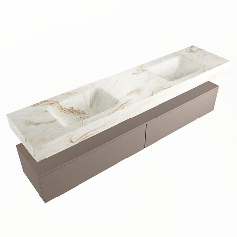 Mondiaz ALAN-DLUX Ensemble de meuble - 200cm - meuble Smoke mat - 2 tiroirs - Lavabo Cloud Frappe suspendu - vasque Gauche et droite - 0 trous de robinet SW805182