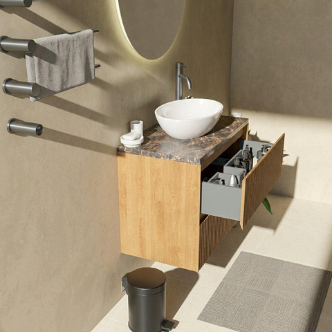 Saniclass Holz Atelier Badkamermeubelset - 80x45x63cm - Noche natuurstenen topblad dark emperador - 1 kraangat - 2 lades - mat eiken natural (hout) SW1478275