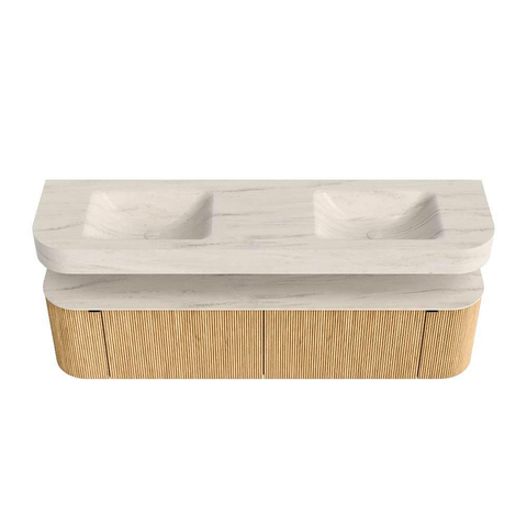 MONDIAZ THOR-DLUX 180cm meuble de salle de bains arrondi gauche + droite couleur Oak avec 2 tiroirs et 2 portes. Vasque suspendue CLOUD Double sans trou de robinet couleur Meli. SW1466174