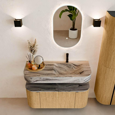 MONDIAZ THOR-DLUX 110cm meuble de salle de bains arrondi gauche + droite couleur Oak avec 1 tiroir et 2 portes. Vasque suspendue CLOUD Droite 1 trou de robinet couleur Sombra. SW1463040