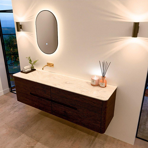 Mondiaz CIRO-DLUX Ensemble de meubles de salle de bains - 170x45x50cm - plan-vasque solid surface Ostra - 1 bassin à gauche - sans trous de robinet - 4 tiroirs - Noyer SW1530388