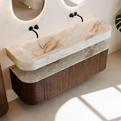 MONDIAZ THOR-DLUX 150cm meuble de salle de bains arrondi gauche + droite couleur Walnut avec 1 tiroir et 2 portes. Vasque suspendue CLOUD Double sans trou de robinet couleur Frappe. SW1464623