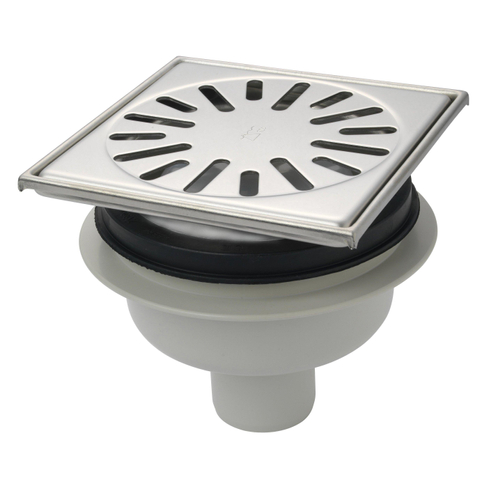 Aquaberg kunststof put met onderaansluiting met RVS rooster opzetstuk 15x15cm met reukslot 50mm 2300040