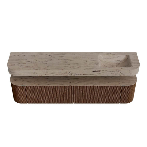 MONDIAZ THOR-DLUX 200cm meuble de salle de bains arrondi gauche + droite couleur Walnut avec 2 tiroirs et 2 portes. Vasque suspendue CLOUD Droite 1 trou de robinet couleur Arena. SW1467066
