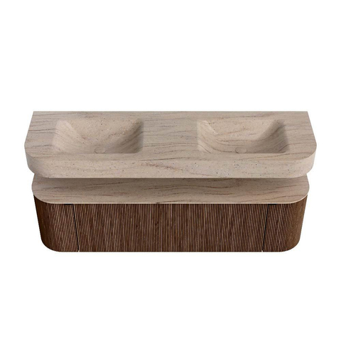 MONDIAZ THOR-DLUX 160cm meuble de salle de bains arrondi gauche + droite couleur Walnut avec 1 tiroir et 2 portes. Vasque suspendue CLOUD Double sans trou de robinet couleur Saba. SW1465328