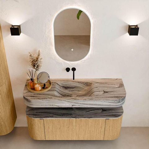 MONDIAZ THOR-DLUX 130cm badmeubel ronding links + rechts kleur Oak met 1 lade en 2 deuren. Vrijhangende wastafel CLOUD Midden zonder kraangat kleur Sombra. SW1464046