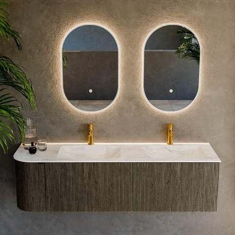 Mondiaz KURVE-DLUX Ensemble de meubles de salle de bains - 155x46x40cm - 2 tiroirs - 1 porte - vasque solid surface - double / droite - 2 trous de robinet - Shadow SW1414572
