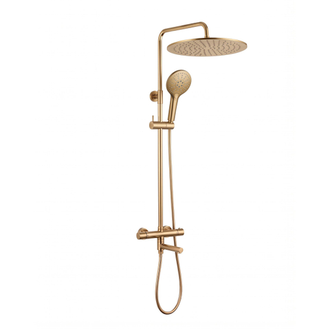 Fortifura Calvi Regendoucheset - thermostatisch - 30cm hoofddouche - gladde slang - ronde handdouche - draaibare baduitloop - PVD - geborsteld messing (goud) SW1592520